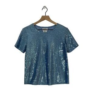 Kathie Lee Vintage Blue Sequin Short Sleeve Top Size Small 80s Party Shimmer